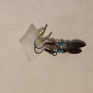 Dainty Boho Feather w/ Turquoise Bead Earrings French Hook